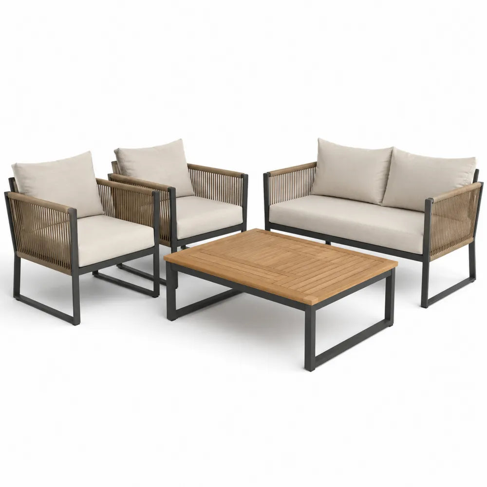 Zestaw mebli ogrodowych z aluminium i drewna, czarny/beżowy, 2 fotele, sofa, stolik kawowy