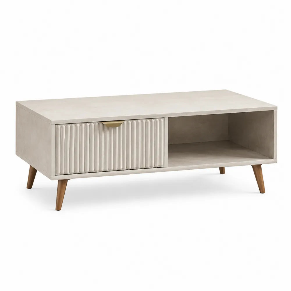 Stolik Kawowy MDF Beżowy z Bukowymi Nóżkami 110 cm