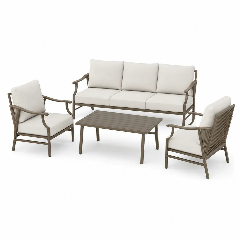 Zestaw ogrodowy z metalową i drewnianą ramą, sofa, fotele, stół, kremowy