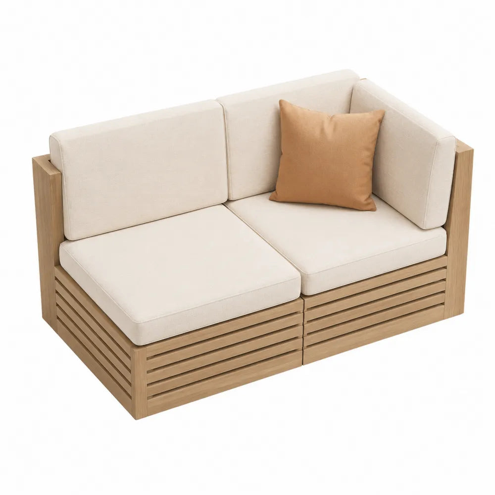 Modułowa sofa drewniana w kolorze kremowym z poduszkami
