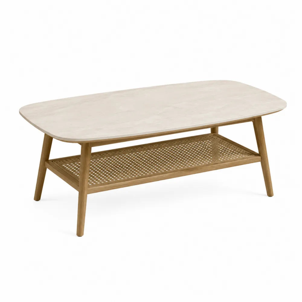 Owalny stolik kawowy MDF z półką z rattanu 110x60x45 cm