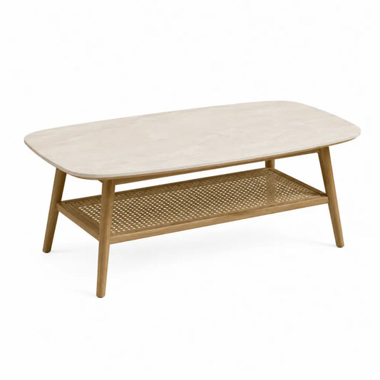 Owalny stolik kawowy MDF z półką z rattanu 110x60x45 cm