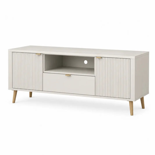 Szafka RTV z laminowanej płyty i drewna biała 150x40x55 cm