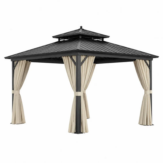 Altana ogrodowa aluminiowa z metalowym dachem i poliestrowymi zasłonami czarna/kremowa 400x300x270 cm