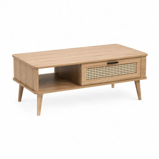 Stolik kawowy z drewna dębowego i rattanu 120x60x45 cm