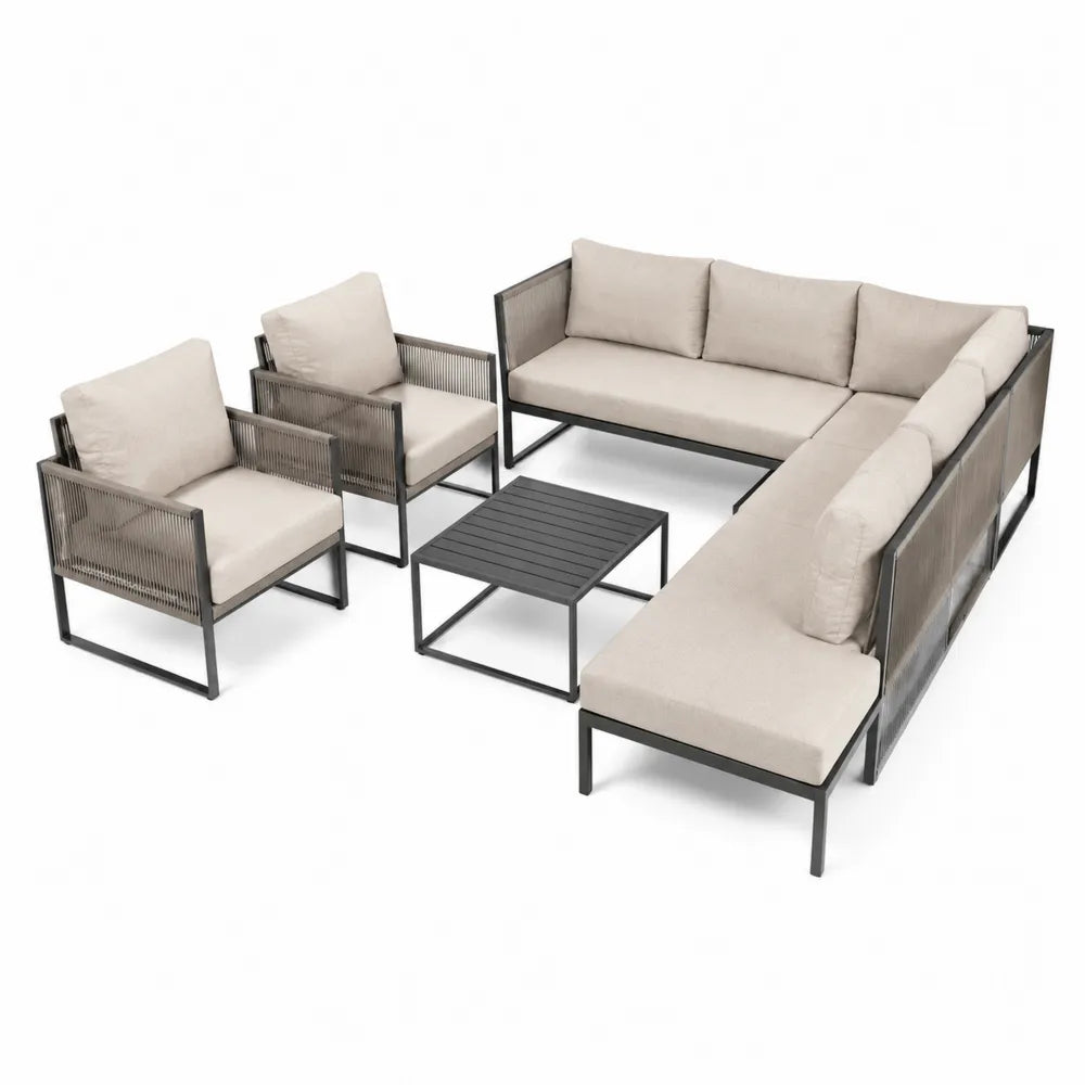 Zestaw mebli ogrodowych metal i tkanina, sofa narożna, fotele, stolik, beżowy