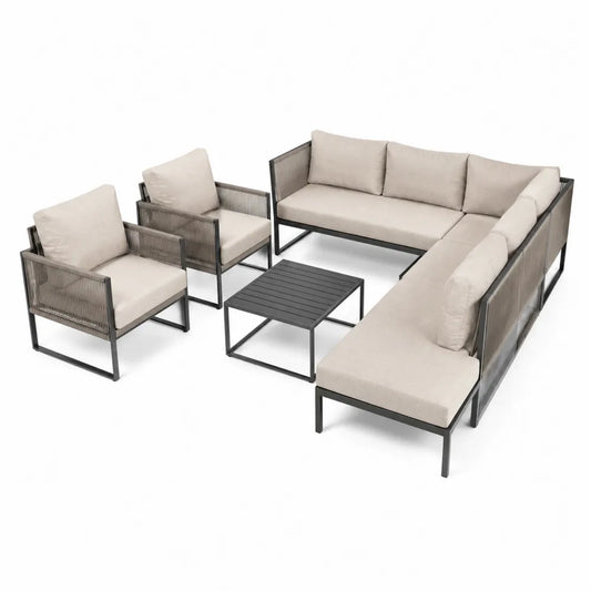 Zestaw mebli ogrodowych metal i tkanina, sofa narożna, fotele, stolik, beżowy