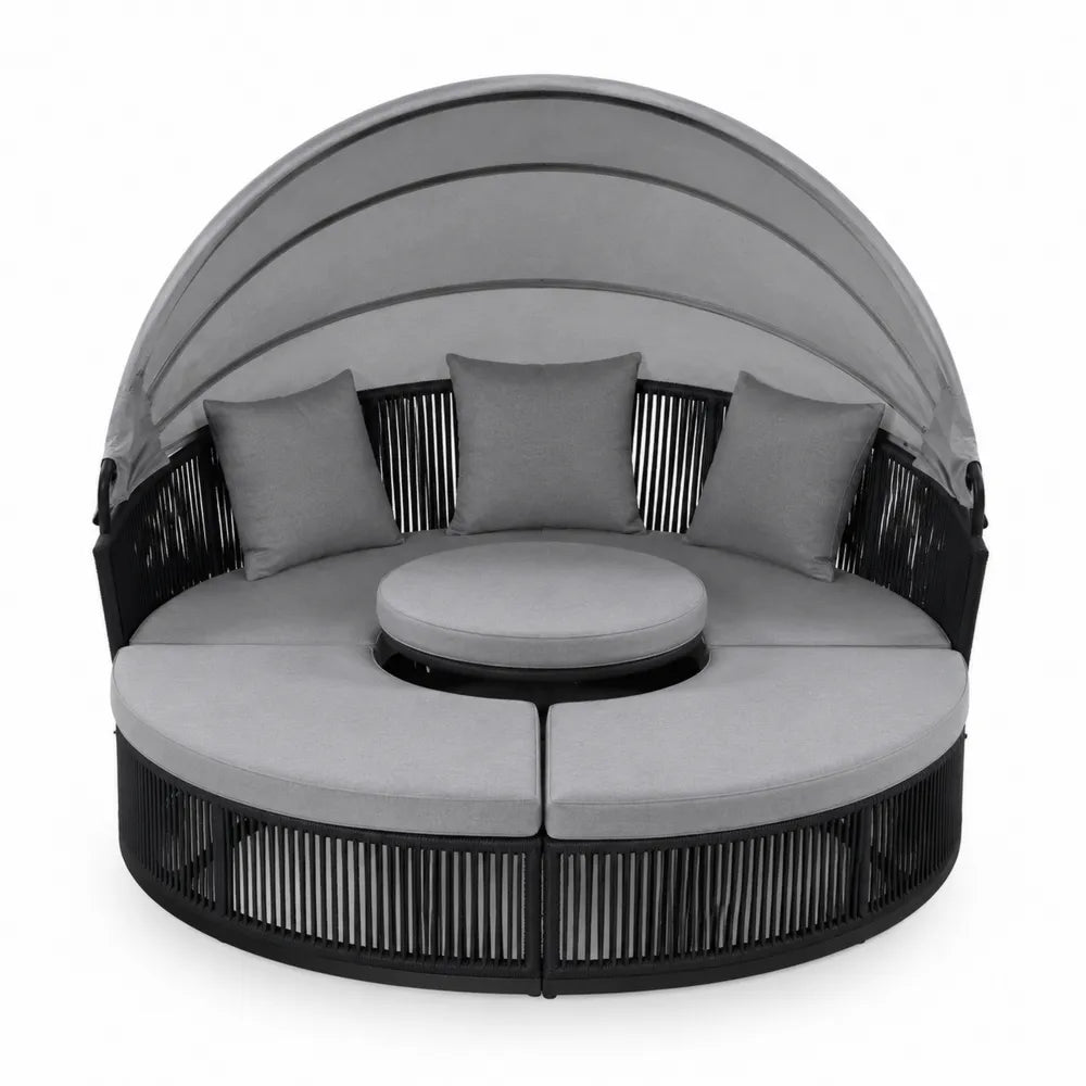 Ogrodowa sofa z baldachimem, okrągła, stal i poliester, czarny/szary, 200 cm