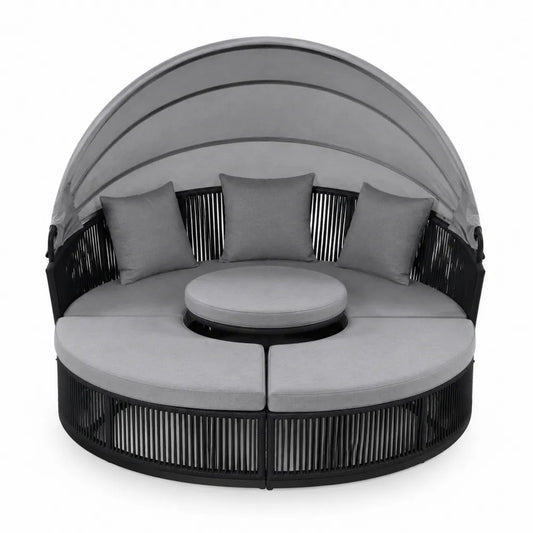 Ogrodowa sofa z baldachimem, okrągła, stal i poliester, czarny/szary, 200 cm
