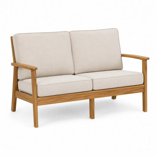Sofa dwuosobowa z drewna tekowego z beżowymi poduszkami