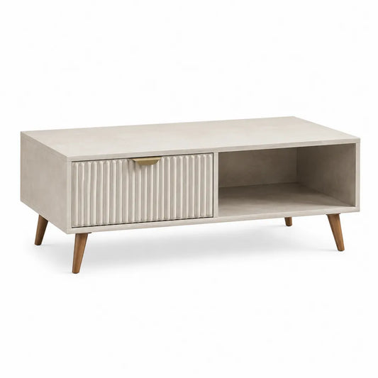 Stolik Kawowy MDF Beżowy z Bukowymi Nóżkami 110 cm