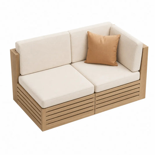 Modułowa sofa drewniana w kolorze kremowym z poduszkami