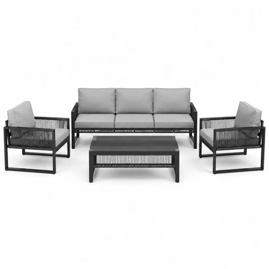 Komplet mebli ogrodowych: sofa 3-osobowa + 2 fotele + stolik, aluminium, szary