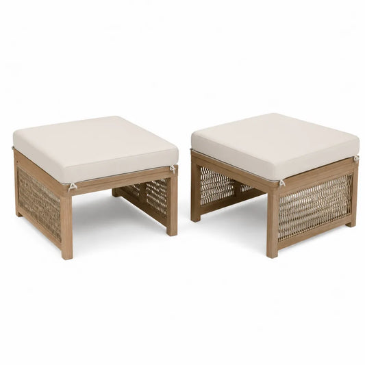 Zestaw 2 podnóżków z drewna teak z kremowymi poduszkami 60x60 cm